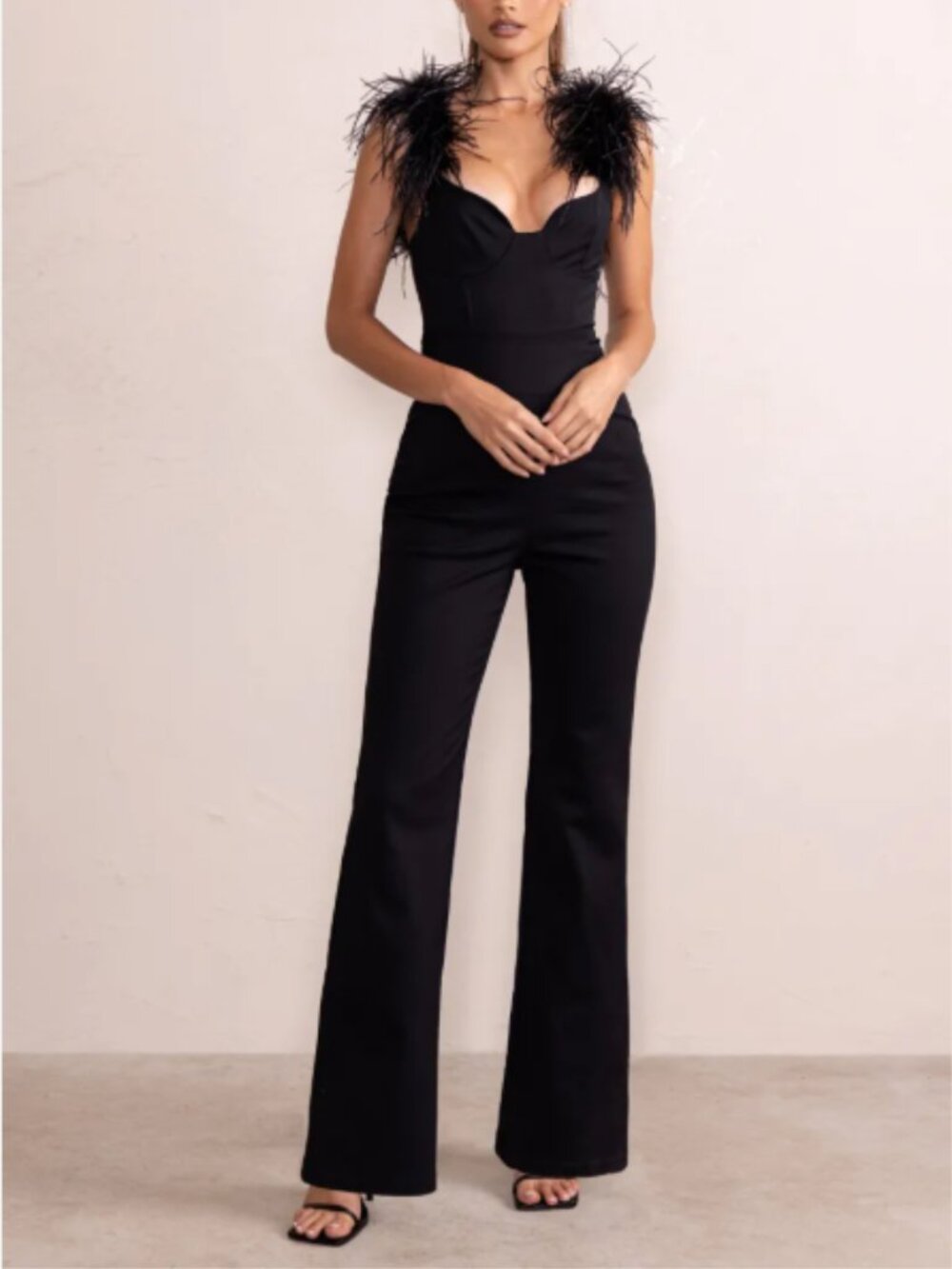 Club L London Black Feather Shoulder Corset Style Jumpsuit Size 8